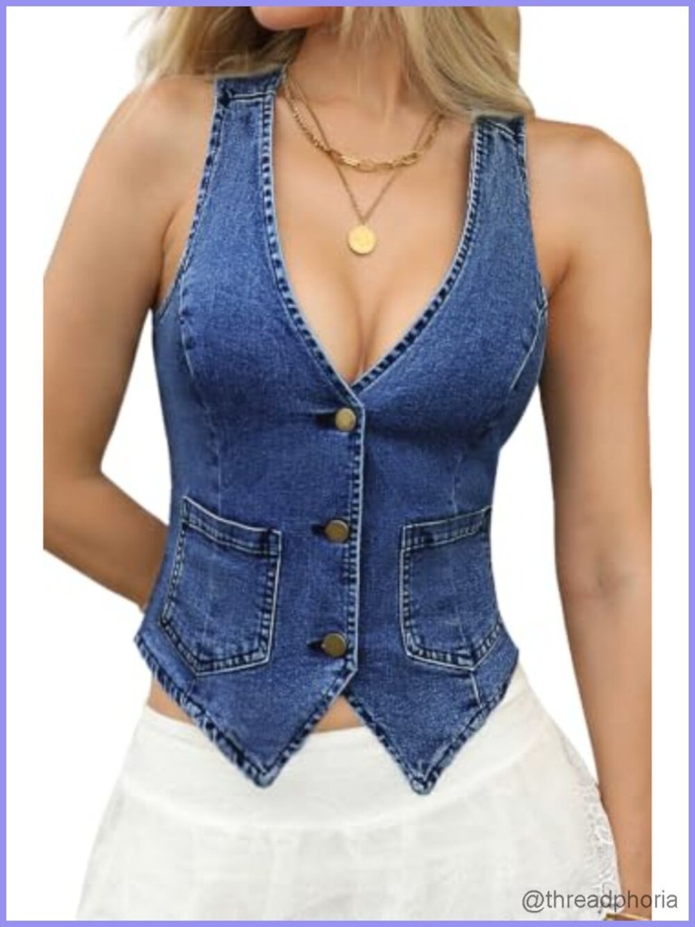 Stretch Denim Vest Sleeveless with Pockets V-Neck High Waist Retro